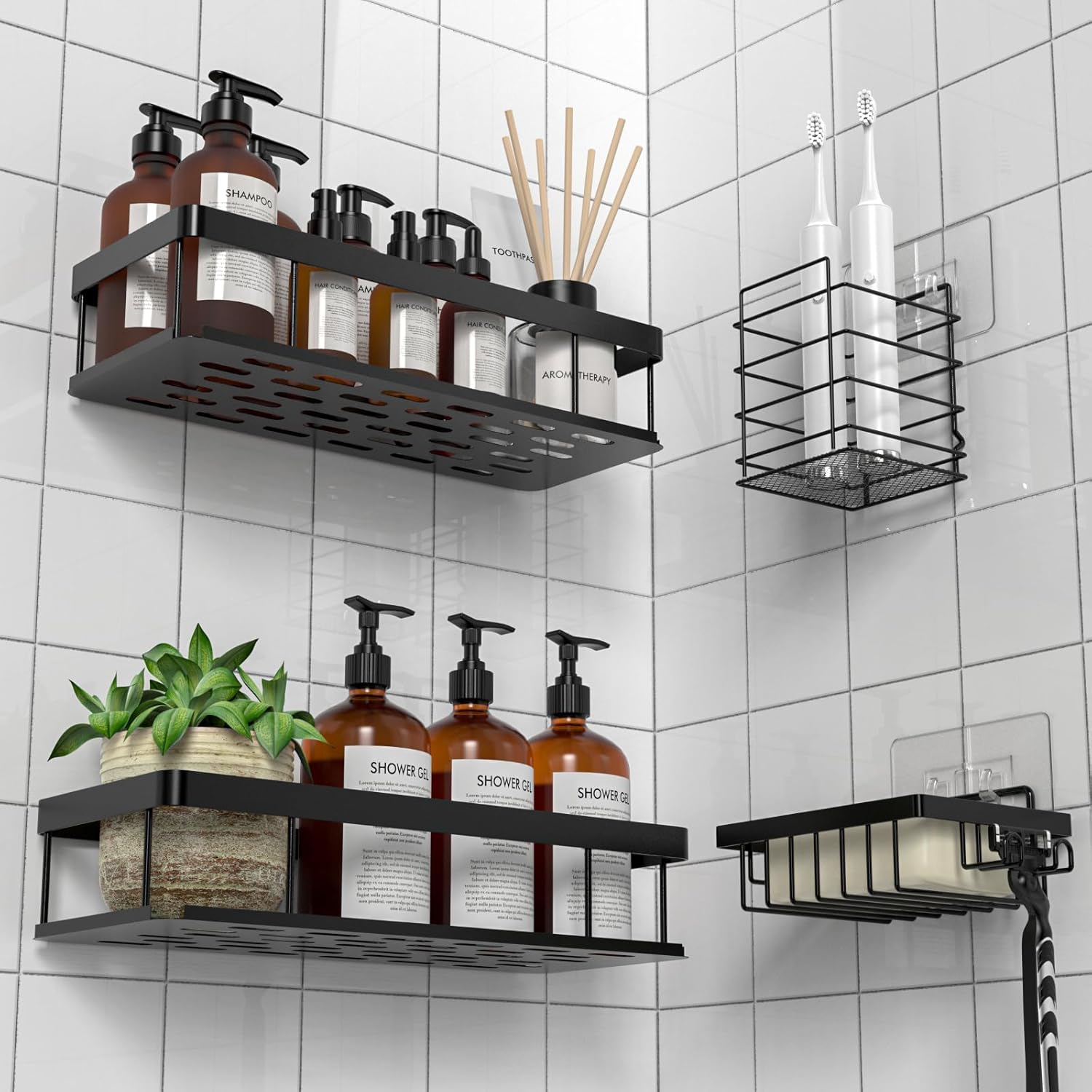Estantería de Ducha sin Taladro, Negro