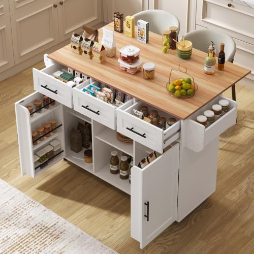 Isla de Cocina Móvil con Superficie Abatible y Cajones