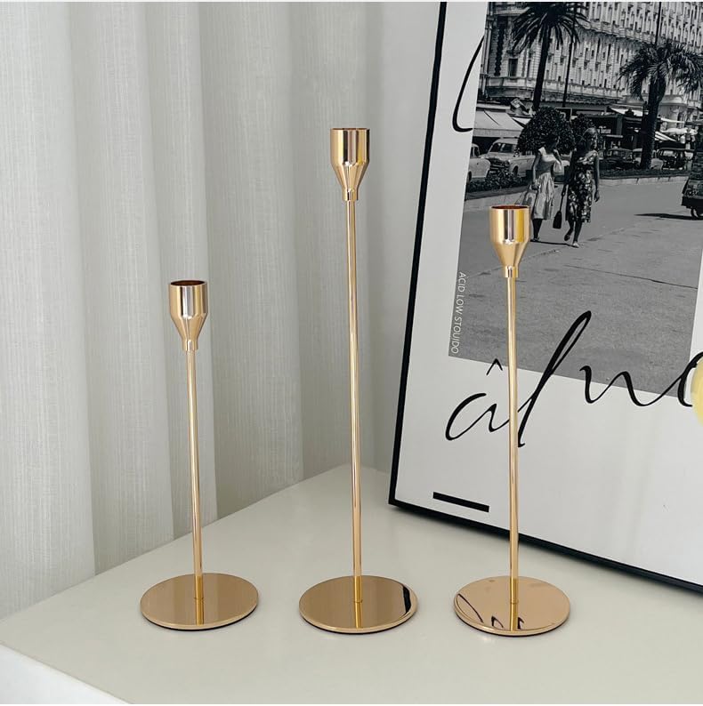 Juego 3 Candelabros Dorados de Metal, 33/28/23 cm