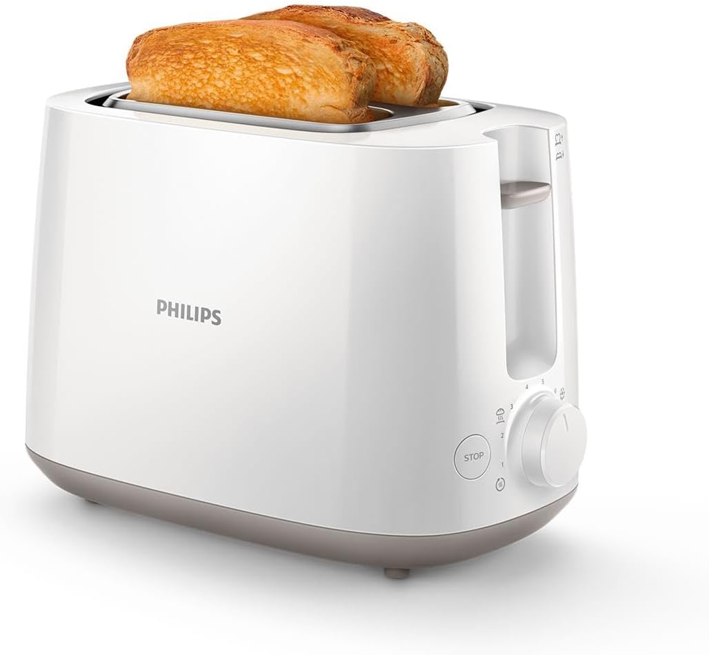 Philips Tostadora de pan 2 Ranuras, 8 Ajustes, Calientabollos, Blanco
