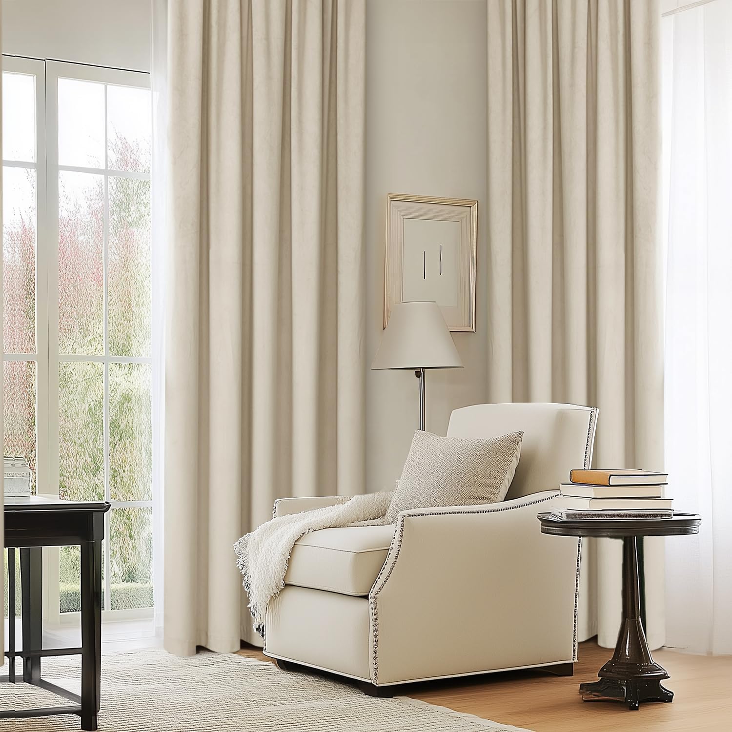MIULEE Cortina de Terciopelo, Cinta Fruncida, 300x245 cm, Beige