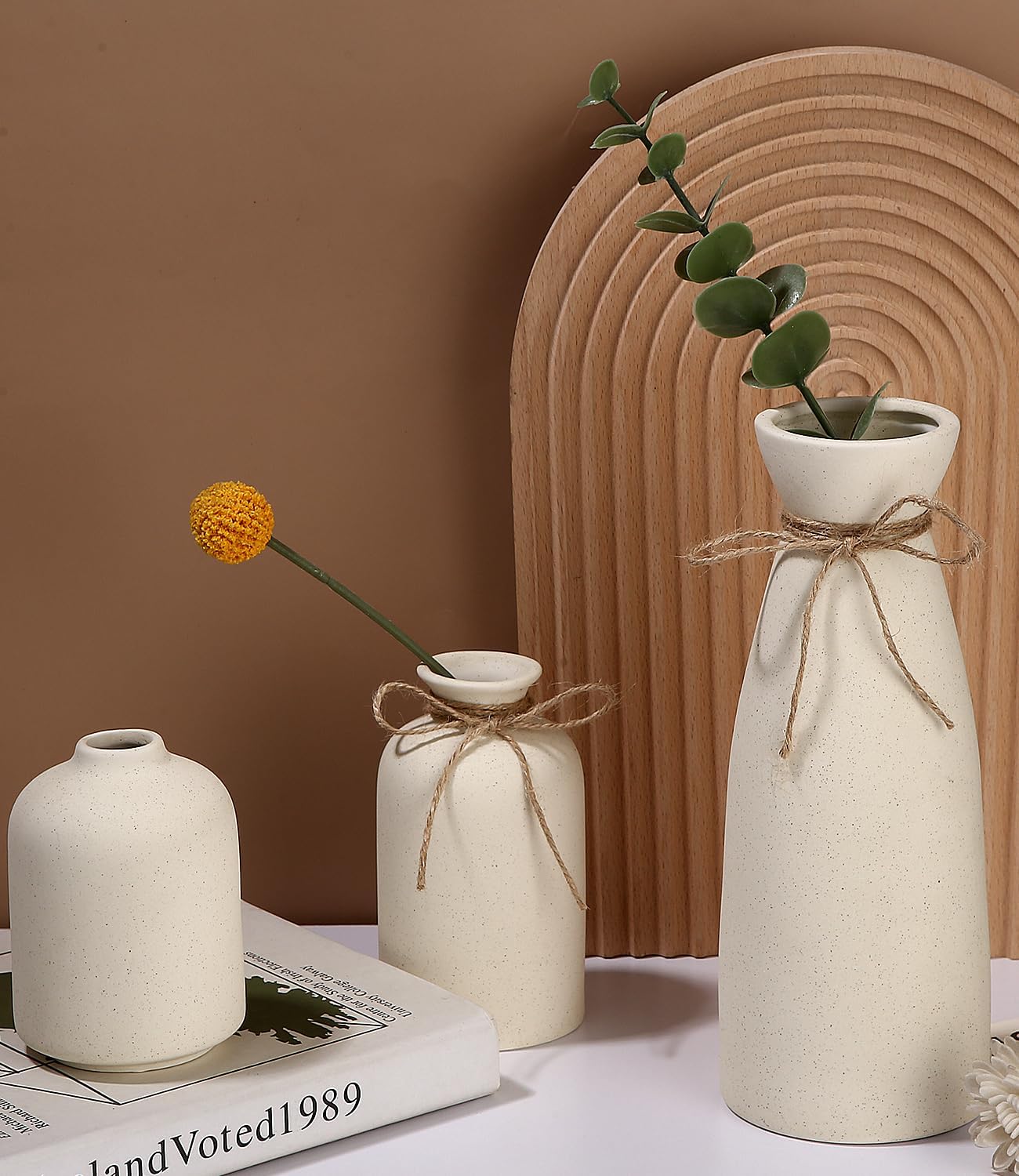 Zaxiva Set 3 Jarrones de Cerámica Beige, Nórdico Minimalista