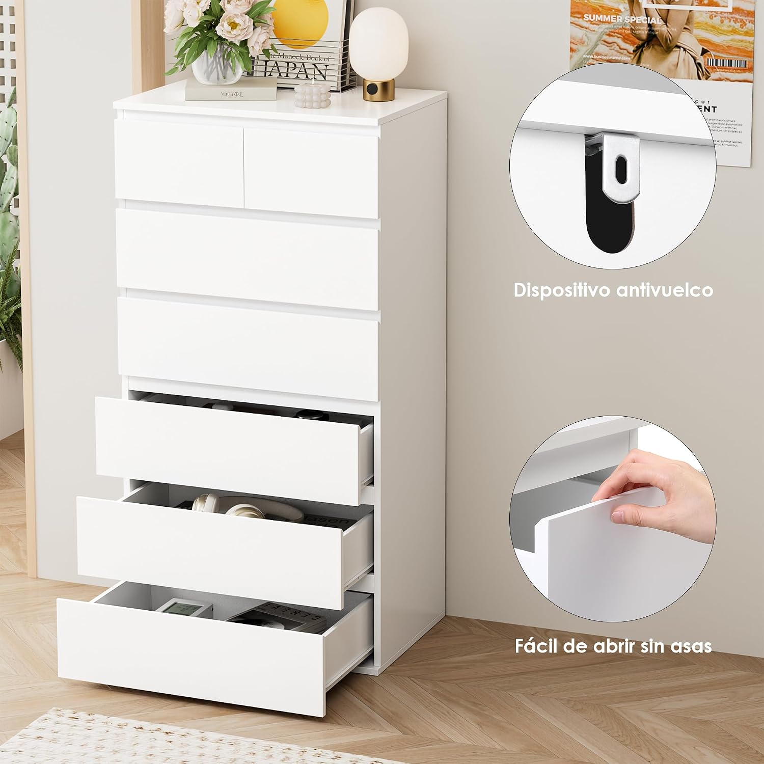 FOREHILL Sinfonier 119cm Estrecho 7 Cajones, Blanco