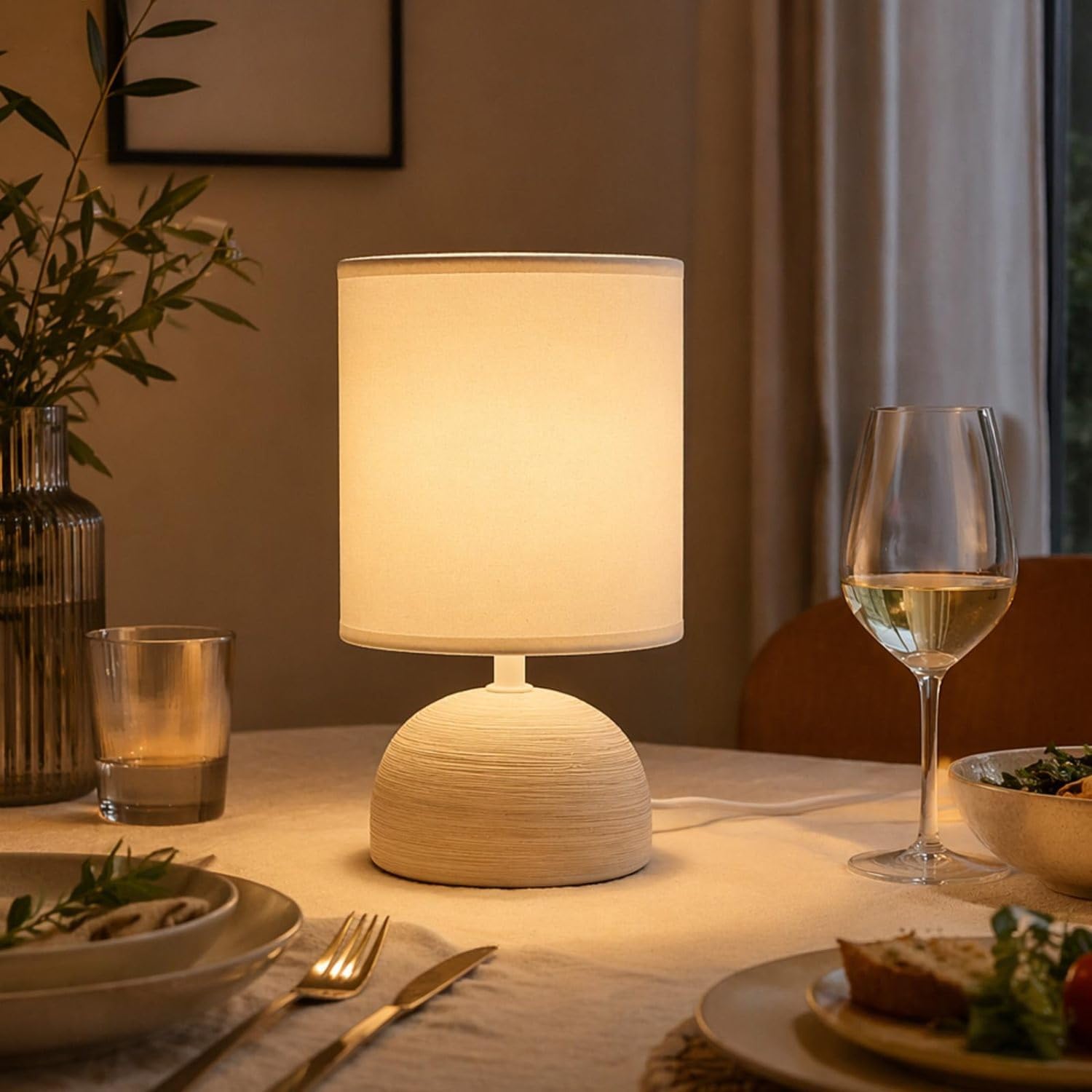 Aigostar Lámpara de Mesa de Cerámica, Pantalla de Tela, Crema