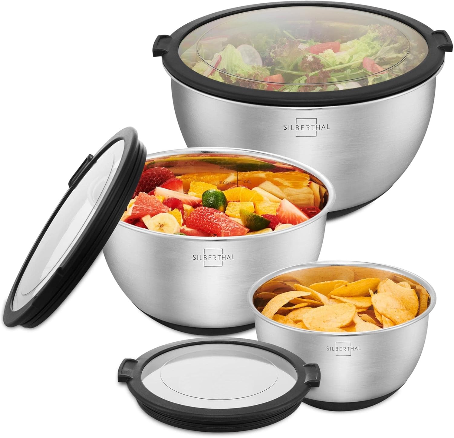SILBERTHAL Set 3 Cuencos de Acero Inox con Tapa Hermética, Apilables