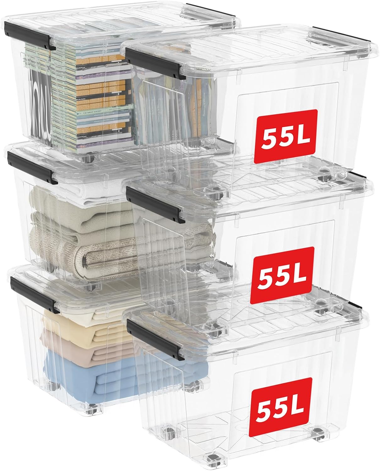 Cetomo Cajas de Almacenamiento 55L con Ruedas, 6 Uds. Transparente
