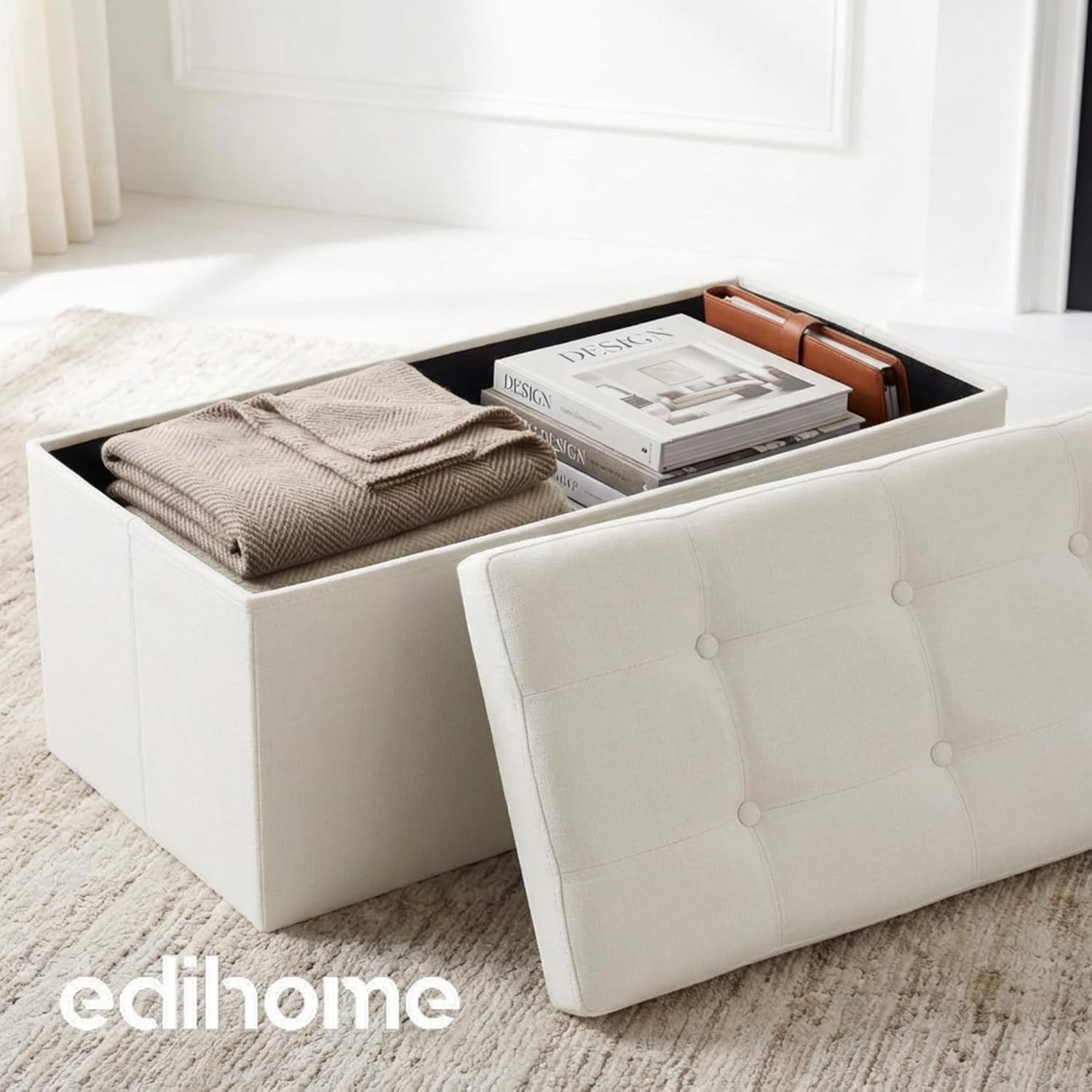 edihome Puf Almacenaje Plegable con Tapa, Blanco Marfil