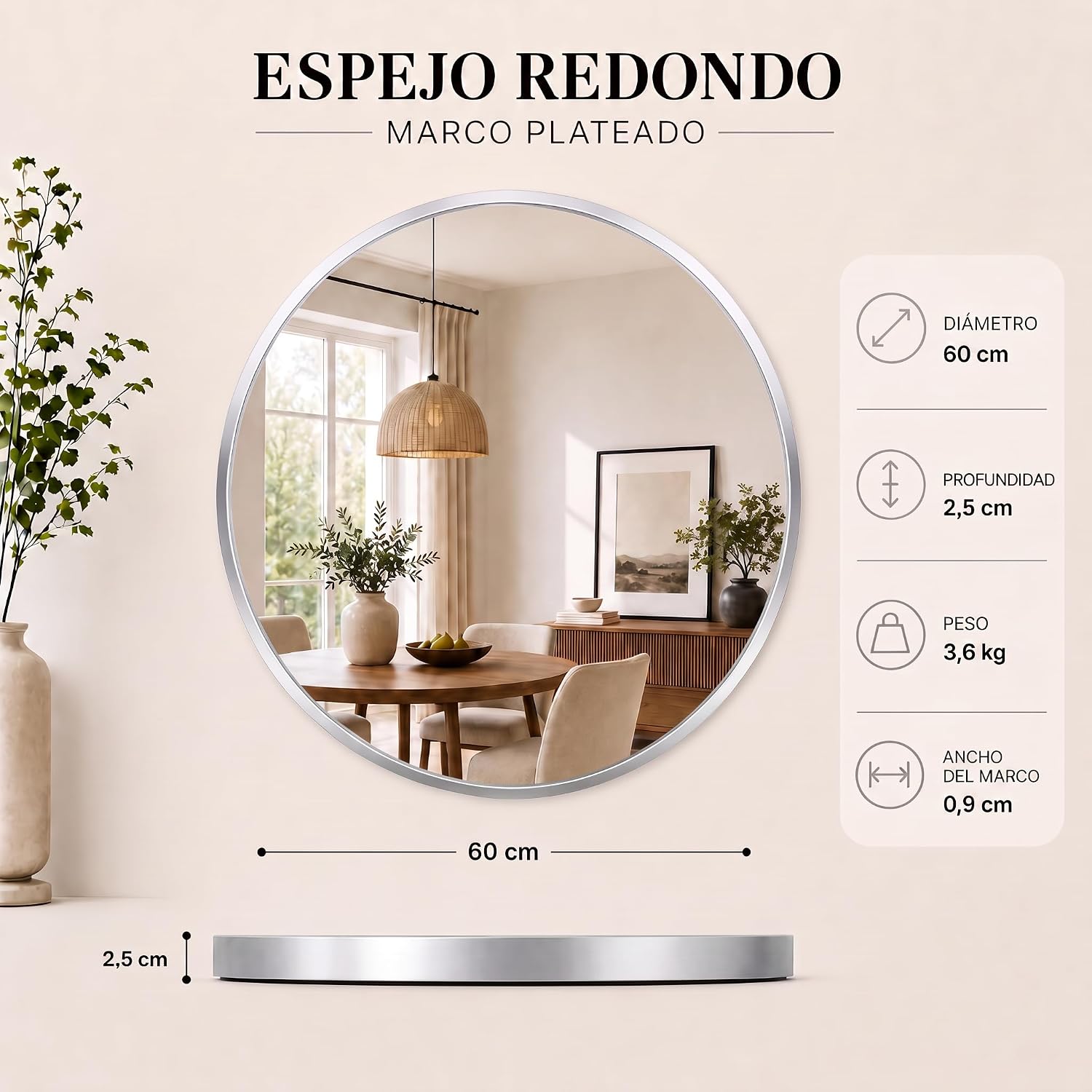 edihome Espejo Redondo de Pared, Plata, 60 cm