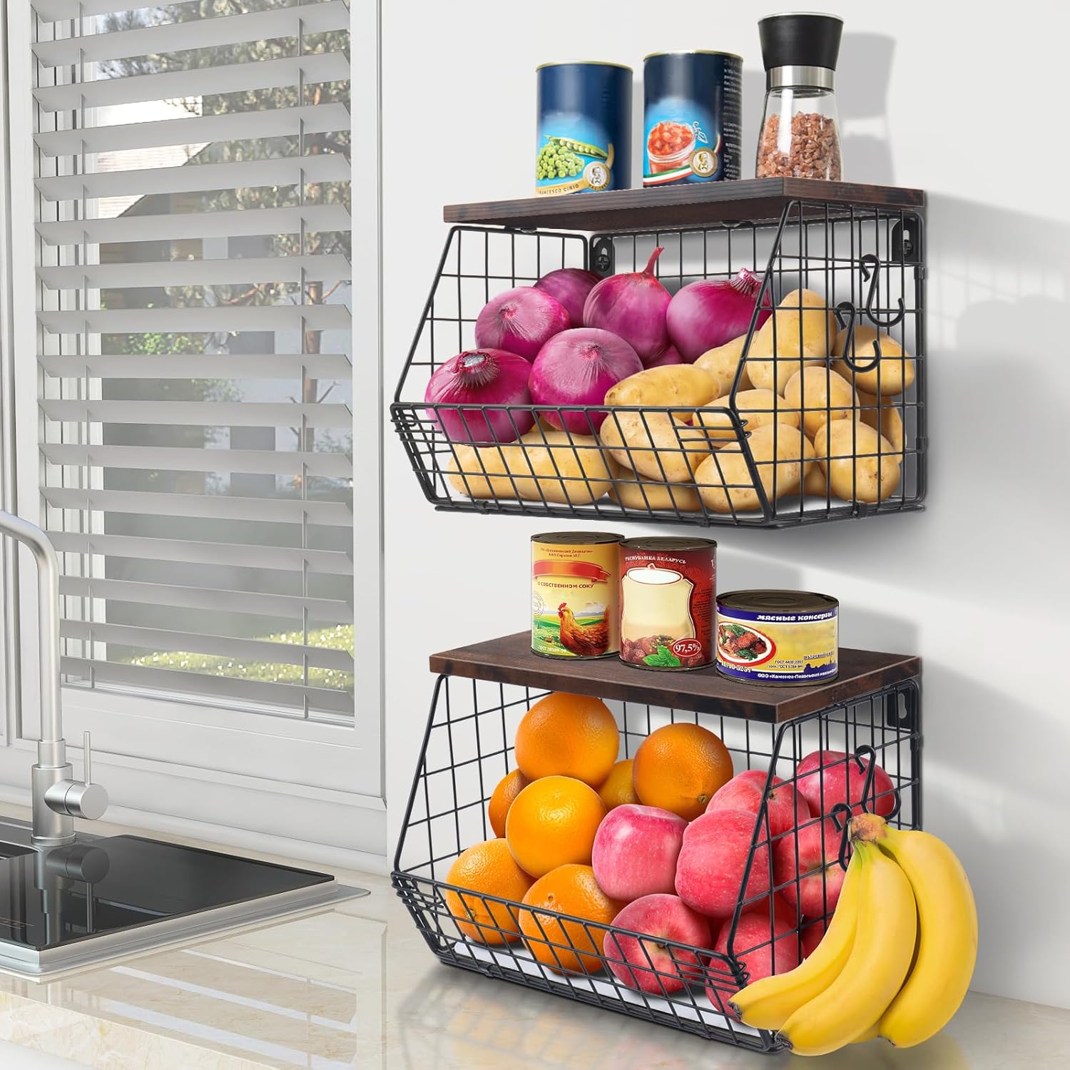 Mefirt Frutero de Cocina de 2 Pisos, Cestas Apilables