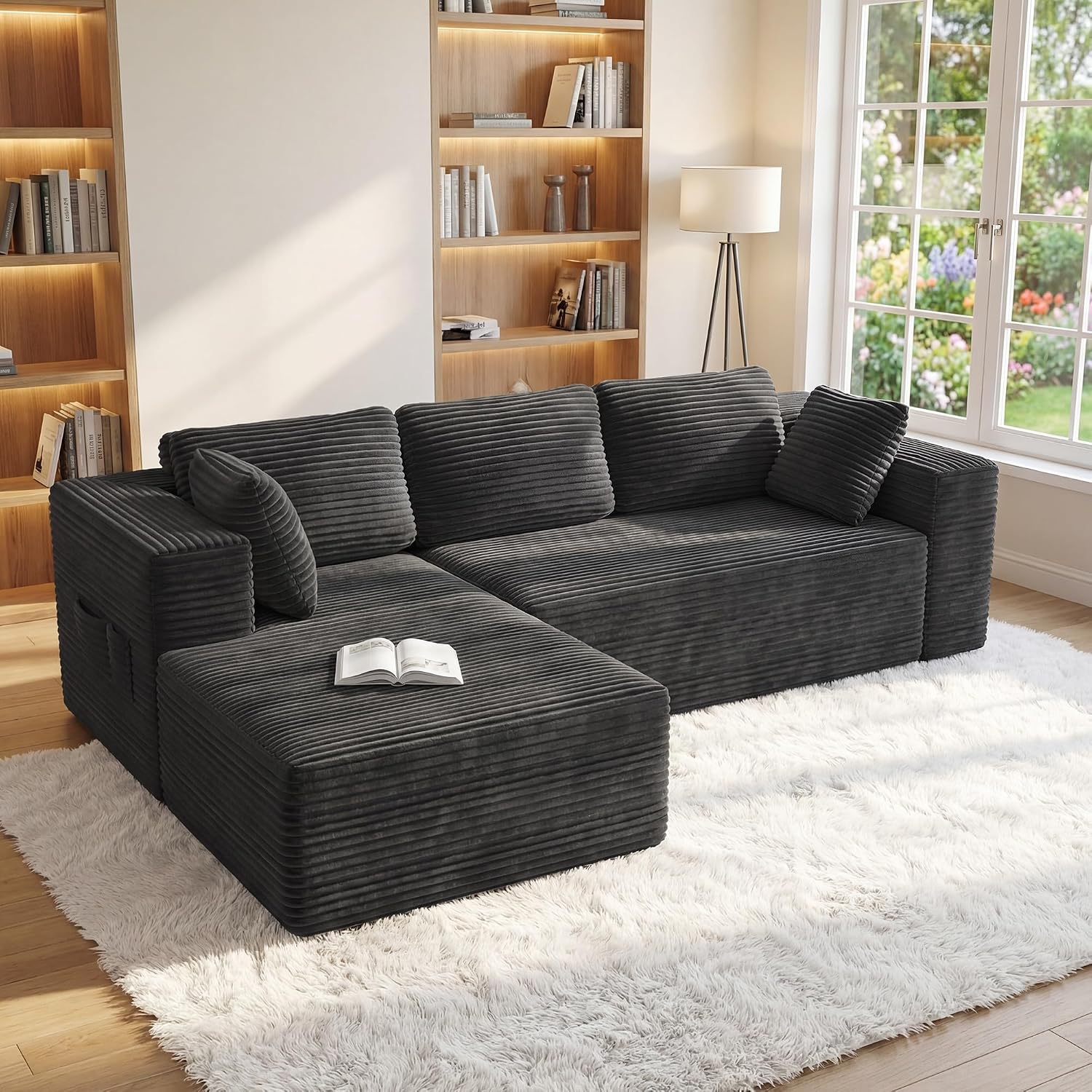 Xbro Sofá Esquinero Modular en Forma de L, Tela de Pana, Gris Oscuro