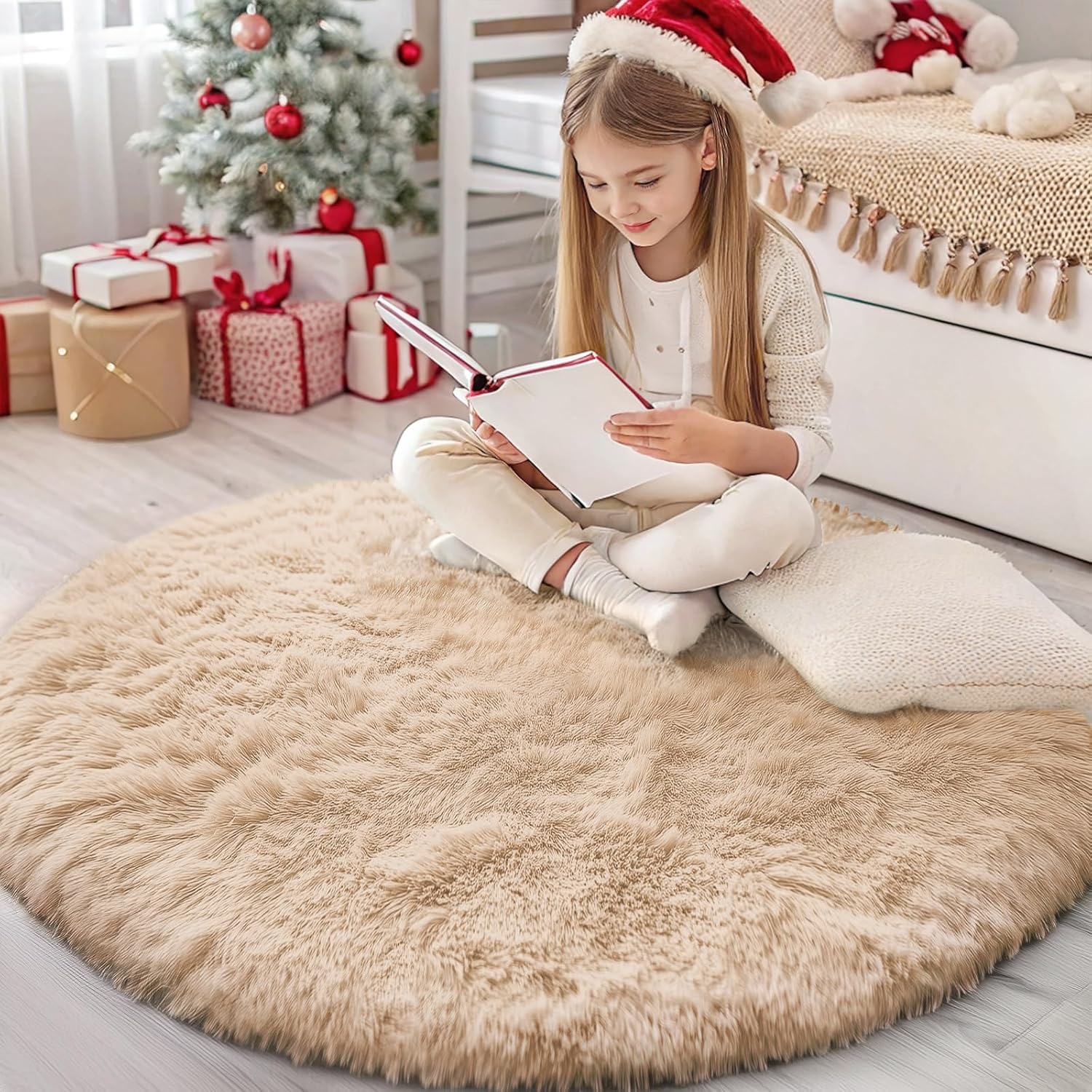 Homaxy Alfombra de Pelo Largo Redonda, 120 cm, Beige