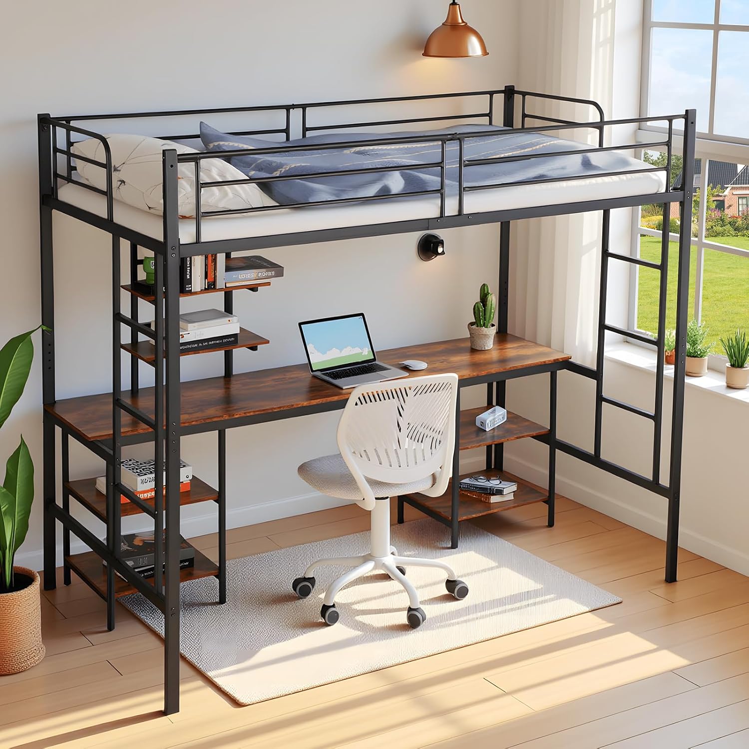 DORAFAIR Cama Mezzanine 90x200 con Escritorio, Estilo Industrial