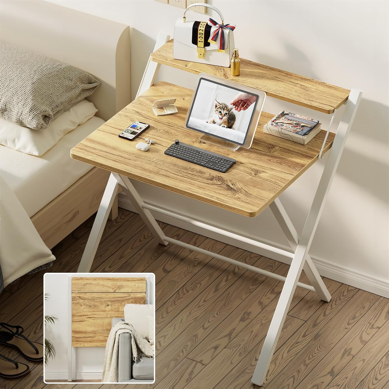GreenForest Escritorio Plegable con Estante, 63cm