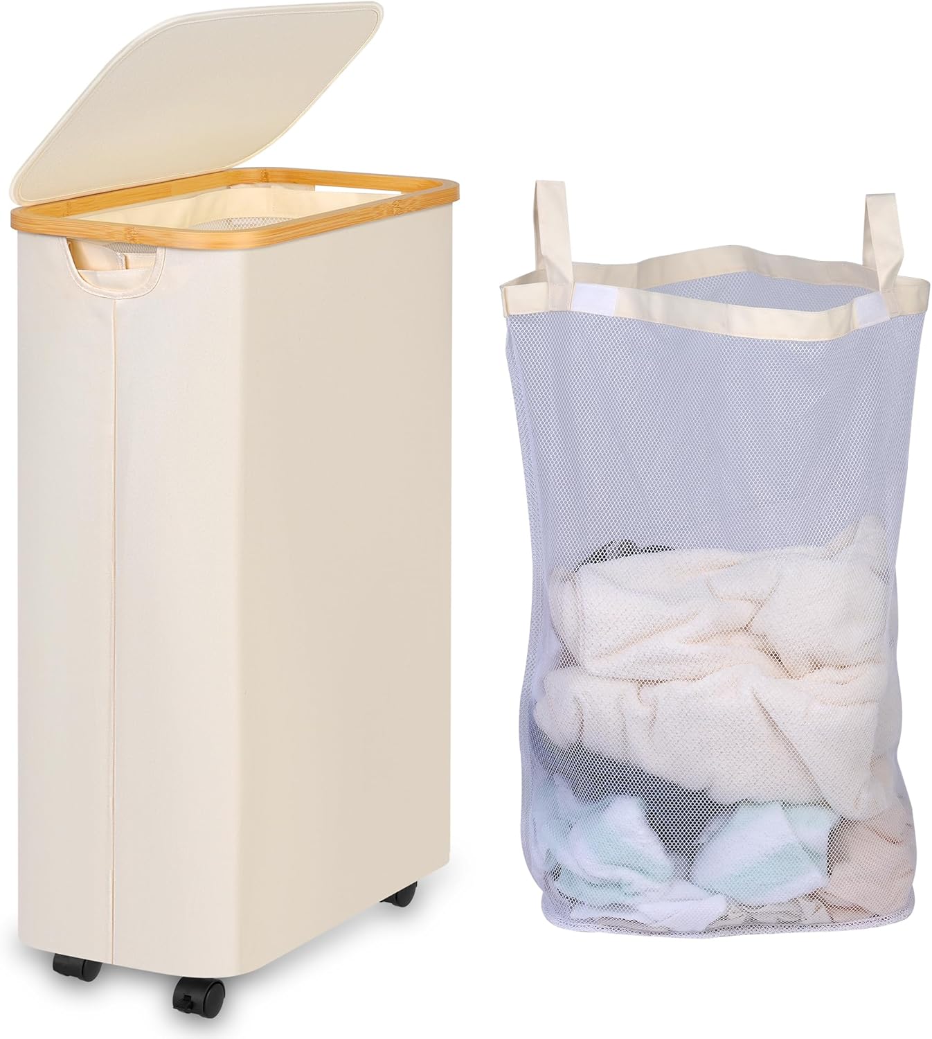iEGrow Cesto Ropa Sucia 75L con Ruedas y Mango de Bambú