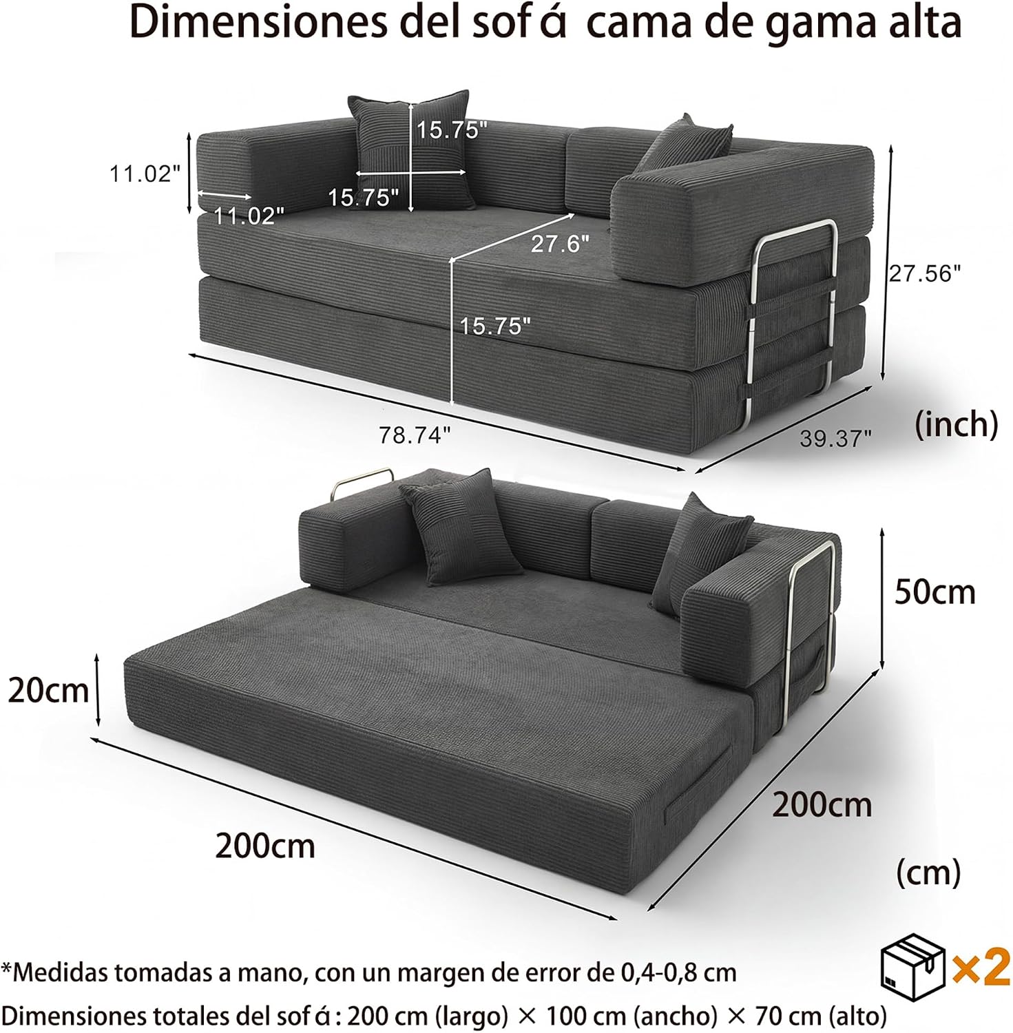 Sofá Cama 3 Plazas 200cm con Espuma y Muelles, Gris