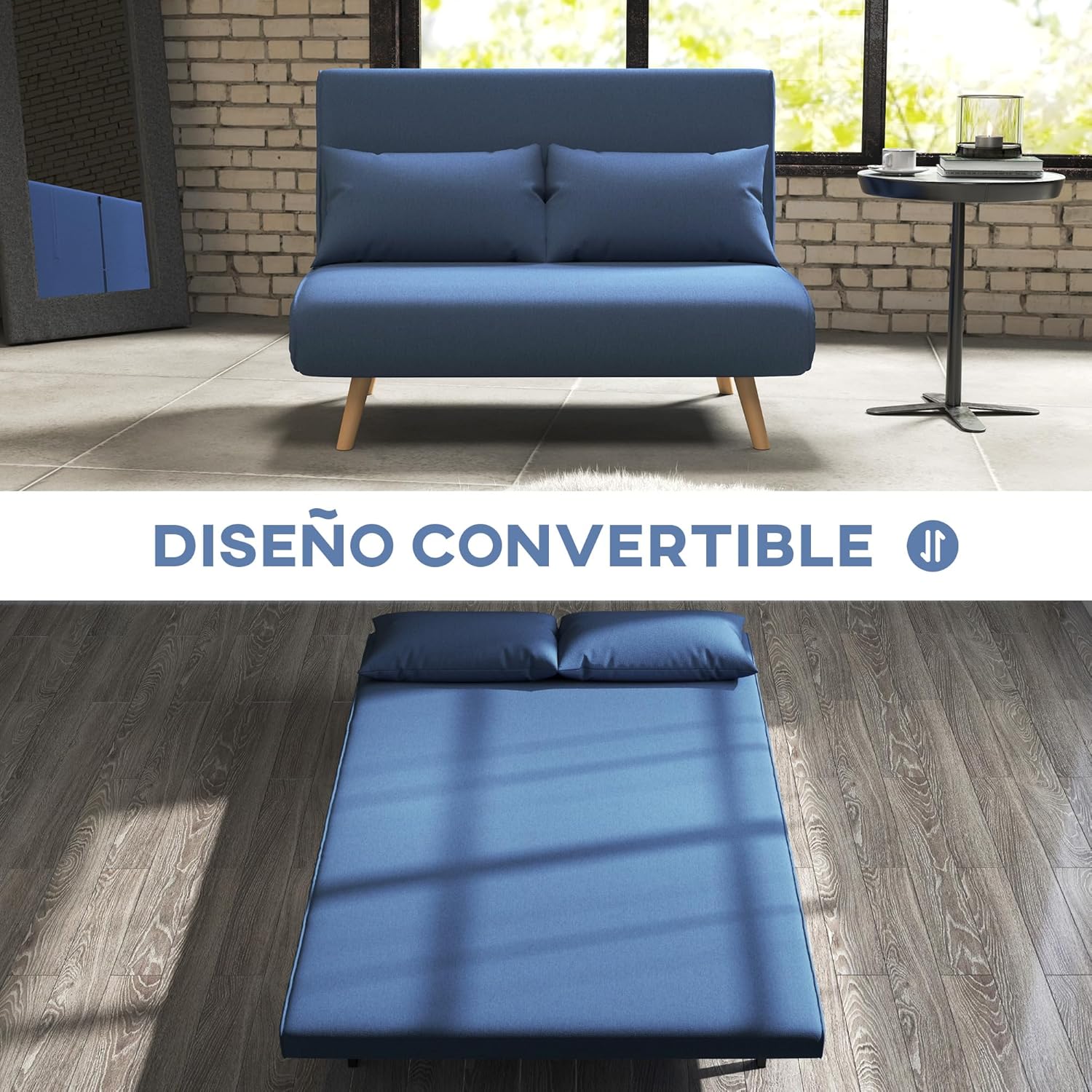 HOMCOM Sofá Cama 2 Plazas Plegable 3 en 1, Lino Azul Oscuro