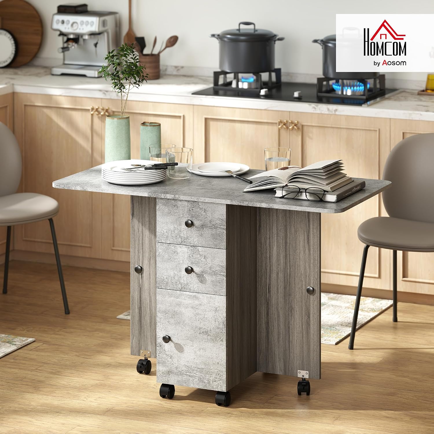 HOMCOM Mesa Plegable de Comedor con Ruedas, para 6 Personas, Gris
