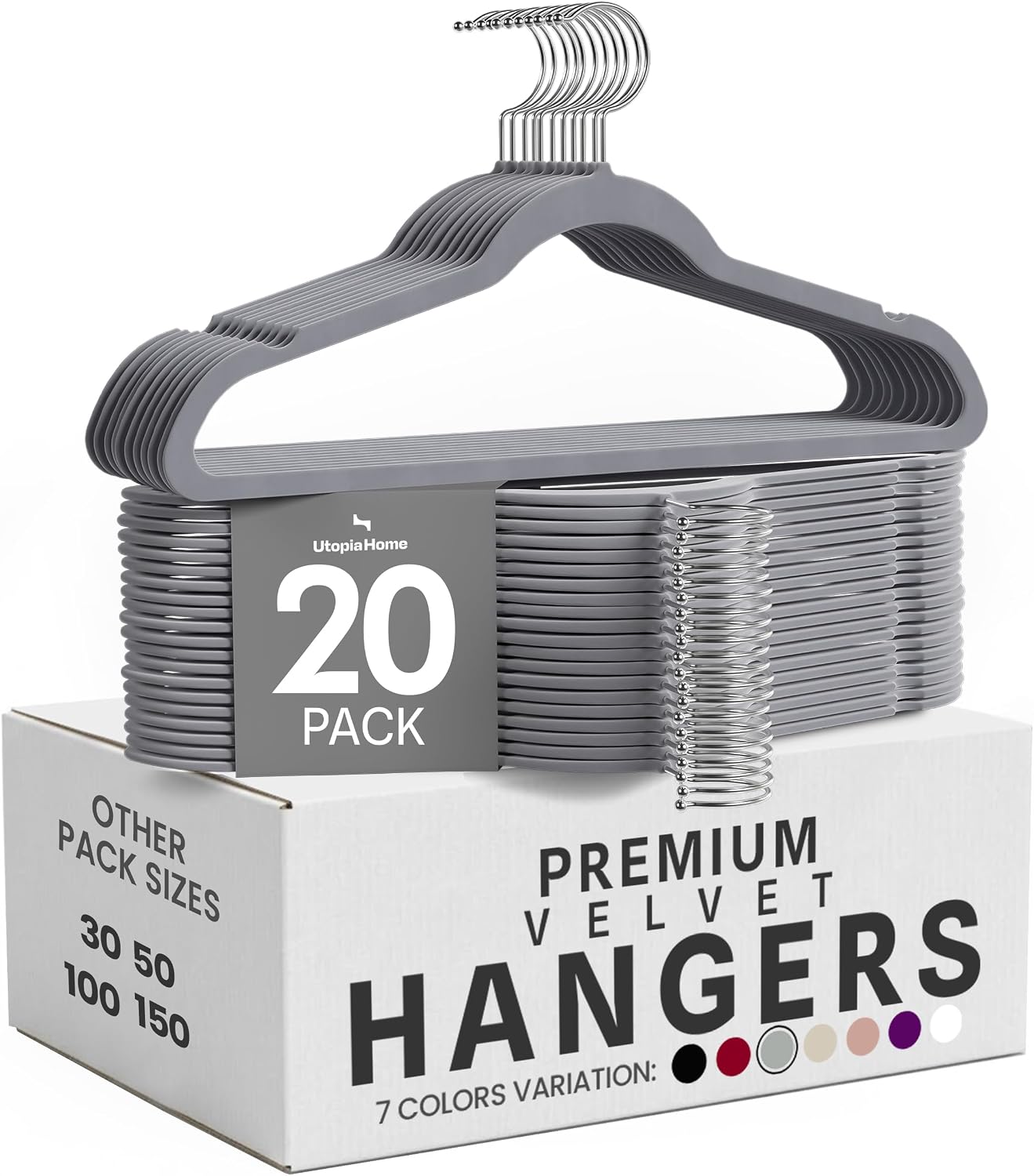 Utopia Home Perchas de Terciopelo Premium, Gris, Pack de 20