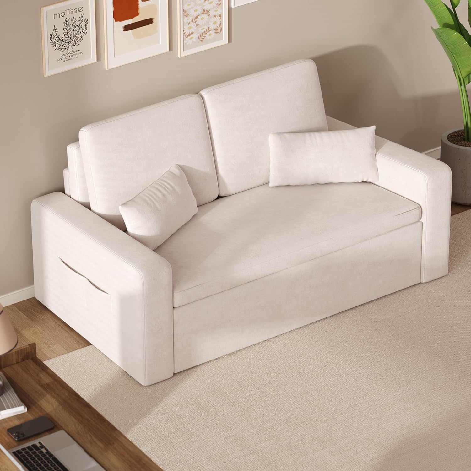 Xbro Sofá Cama 2 Plazas Convertible 3 en 1, Terciopelo Beige