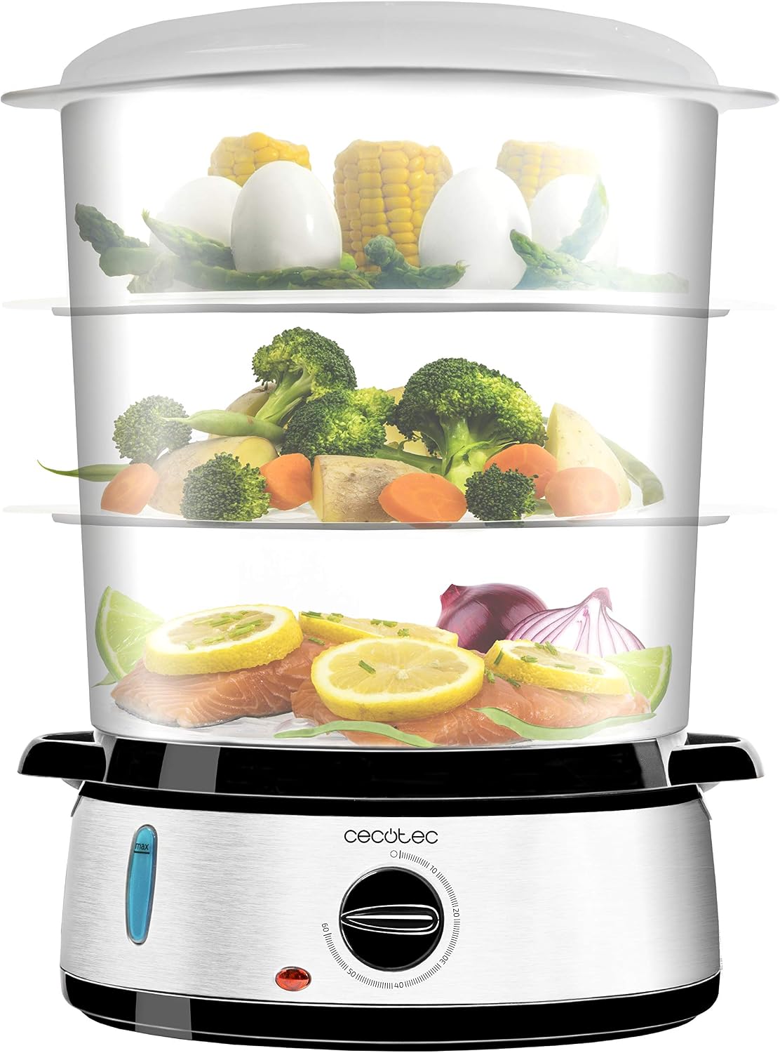 Cecotec Vaporera Eléctrica Vapovita 3000 Inox, 3 Recipientes, Gris