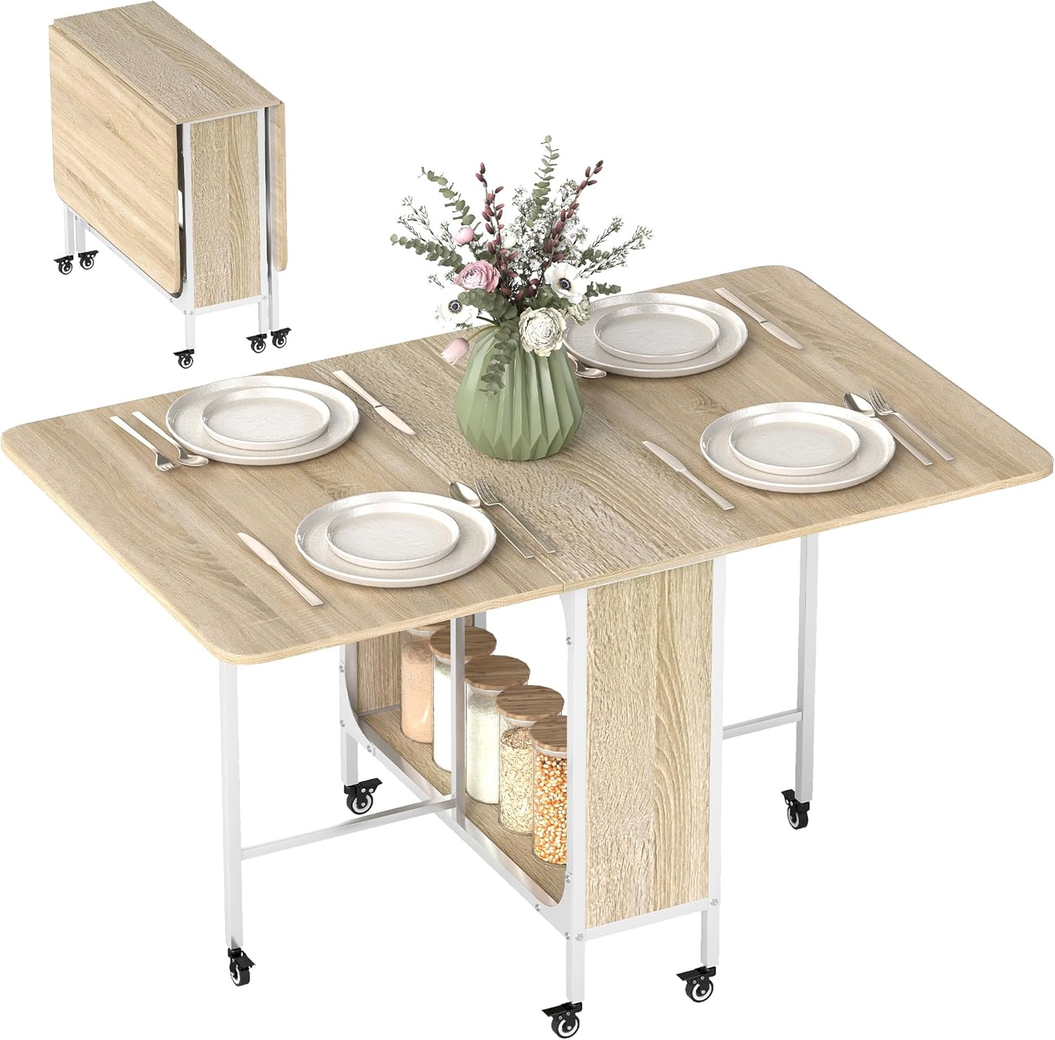 HOMCOM Mesa Plegable de Comedor con Ruedas, Madera Natural